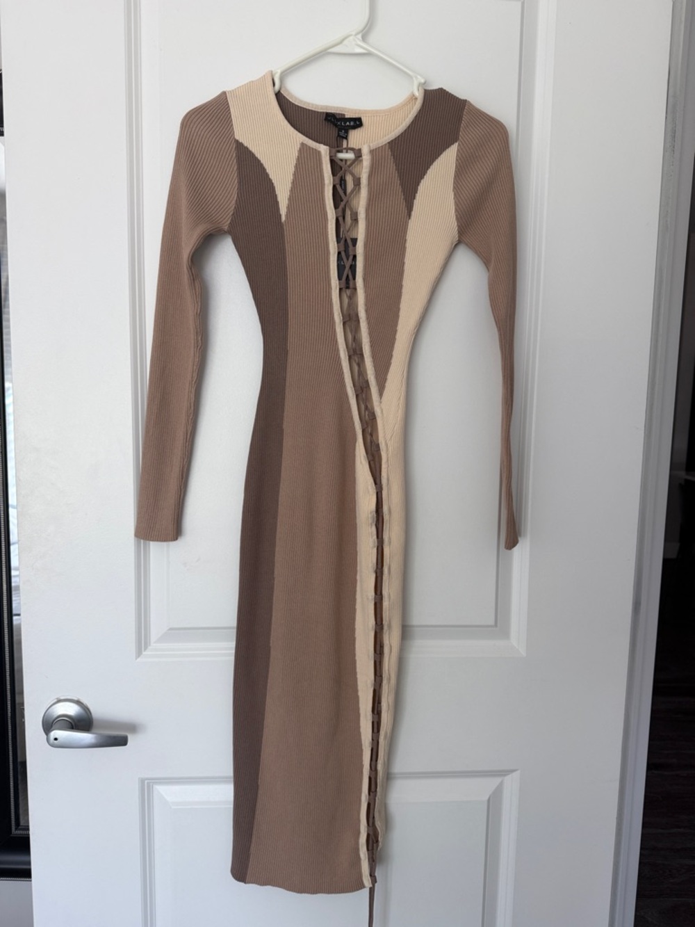 JLUXLABEL Neutral Tone Lace-Up Long Sleeve Midi Dress
